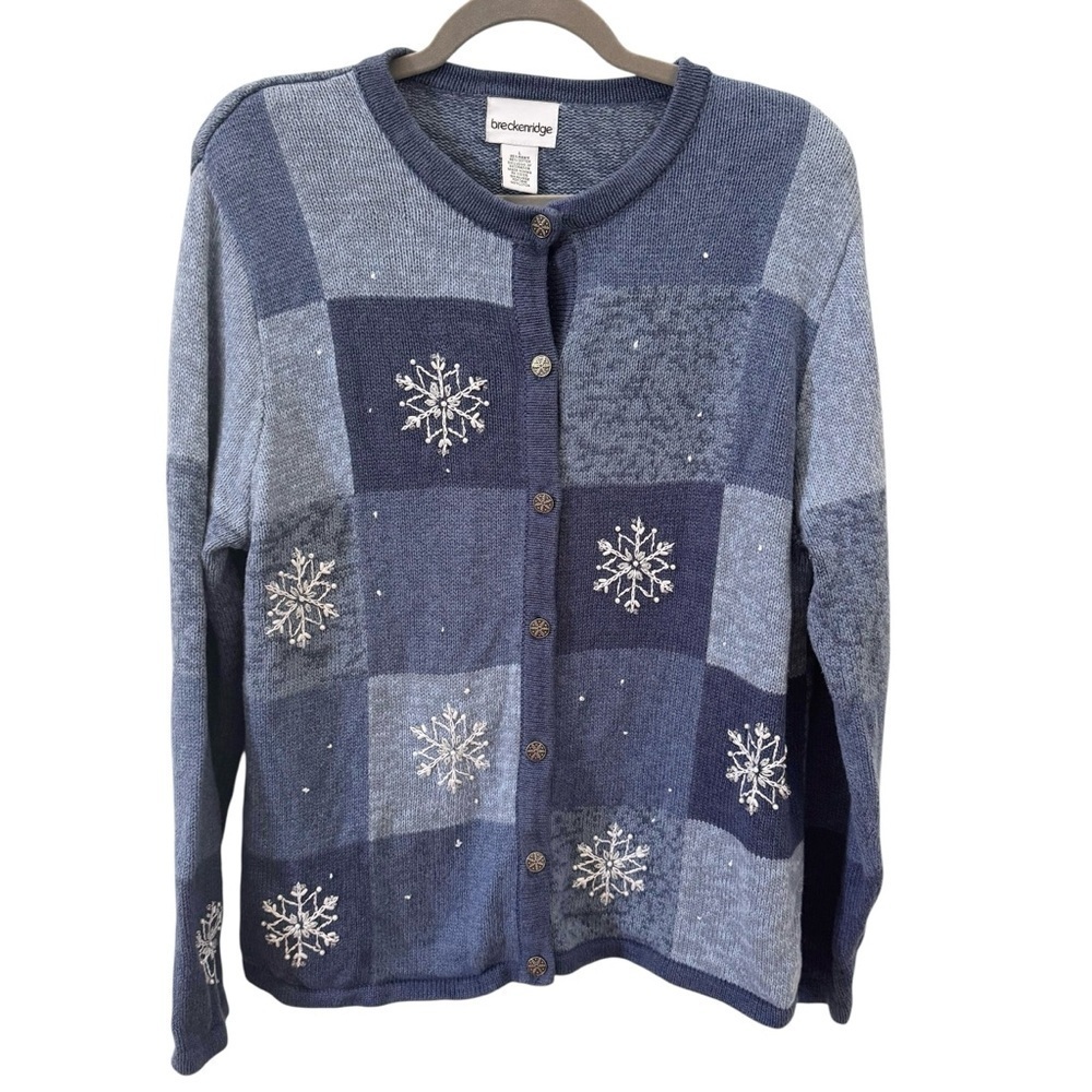 Vintage Breckenridge Snowflake Blue Sweater Cardigan Winter Holiday Size L